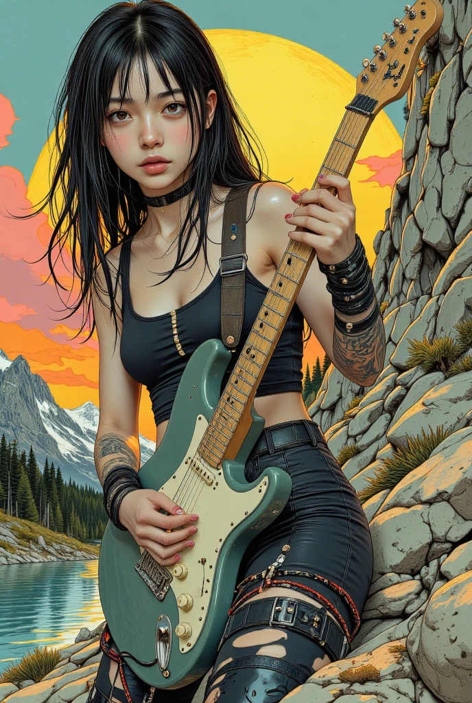 Full image, vibrant, colorful, reflective and fluorescent. Vibrant shades of yellow, green, pink. High-quality masterpiece: 1.2) Masterpiece: Smooth textures, proportional anatomy, graceful body parts, beautiful detail, sharp details. (High-quality masterpiece: 1.2) Beautiful young woman (Miss Universe level) (Very active pose) Panorama. Acrylic line drawing. Incredibly detailed and realistic anime-style illustration of a death metal guitarist. (Big Breasts: 1.3) The guitarist has long, wavy hair, an elaborate full sleeve tattoo on one arm and a tight outfit that accentuates her large figure. She plays an intense guitar solo, her eyes closed and her face contorted in concentration. The stage behind her is decorated with fiery flames and evil symbols, creating a dark, intense atmosphere. The audience appears behind her, their faces contorted in expressions of fear and excitement. Detailed image. Dust, wasteland. Determination. Worn equipment. Cloak. Artistically designed by Enki Bilal, Stuart Immonen, Eleanor Vere Boyle, Jock + Raymond Loewy + Tillie Walden+ Krenz Cushart + Nate Beeler + Alan Moore. High resolution image. Alpine forest night. River. Rainforest. Full moon night. Ralph Steadman's mixed media sketchbook page with an ink-splattered background. Flowing lines inspired by Tomer Hanuka connect the objects. Dreamy compositions in the style of Remedios Varo surround the objects. Seductive poses inspired by Helmut Newton. Prints by Gustav Klimt. Colorful portraits in the style of Julie Bell. Beads and scraps of fabric.