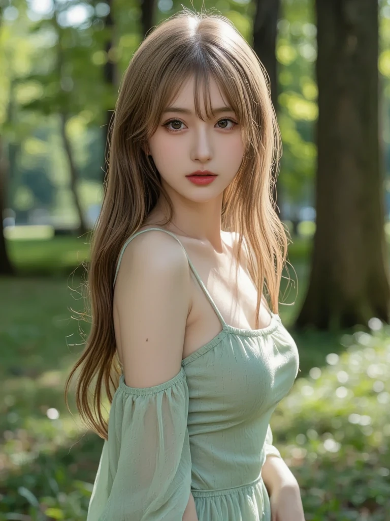 Light brown hair, green eyes, beige dress, open hair, girl