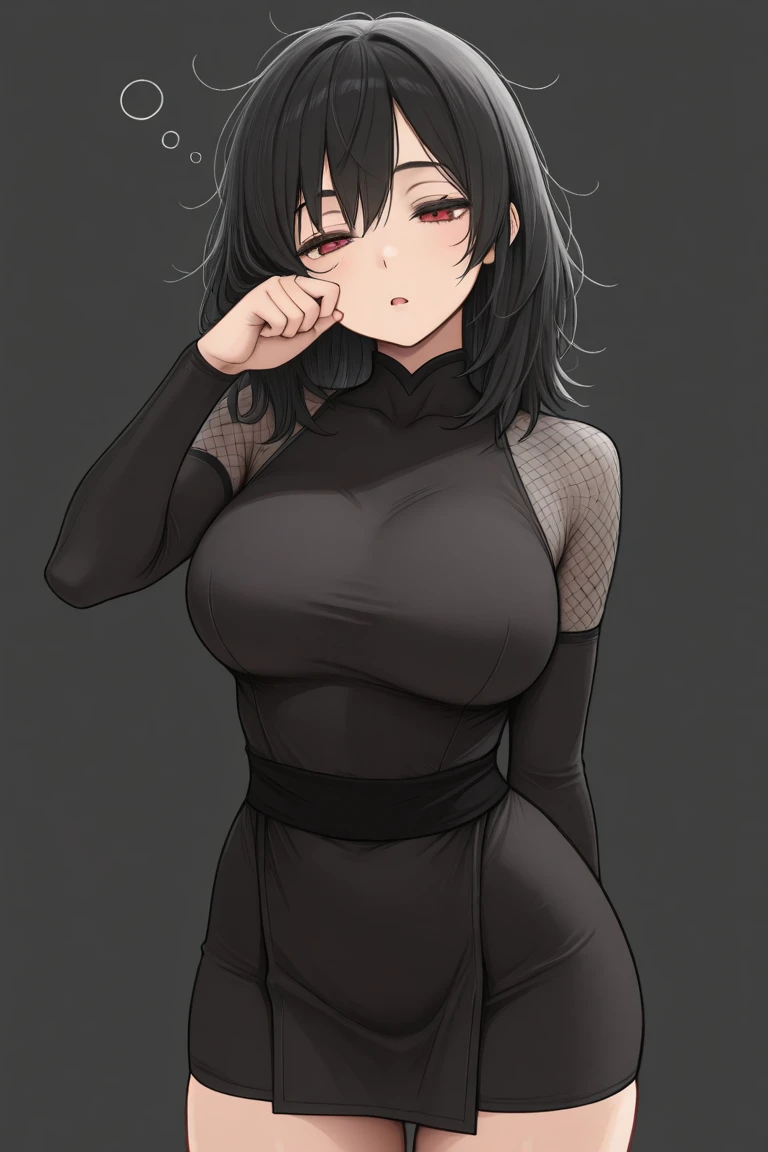 ((Best Quality)), ((Masterpiece)), (Detailed), Girl with short black hair, with straight bangs, blue eyes, the pupils of his eyes look at your violence, tall and slender, very beautiful and feminine features, with loose black clothing, wearing shorts with long black stockings, short hair, nice breasts, with a too short miniskirt, with a scared expression, she feels alone and has no help but also a sexualized expression, just woke up