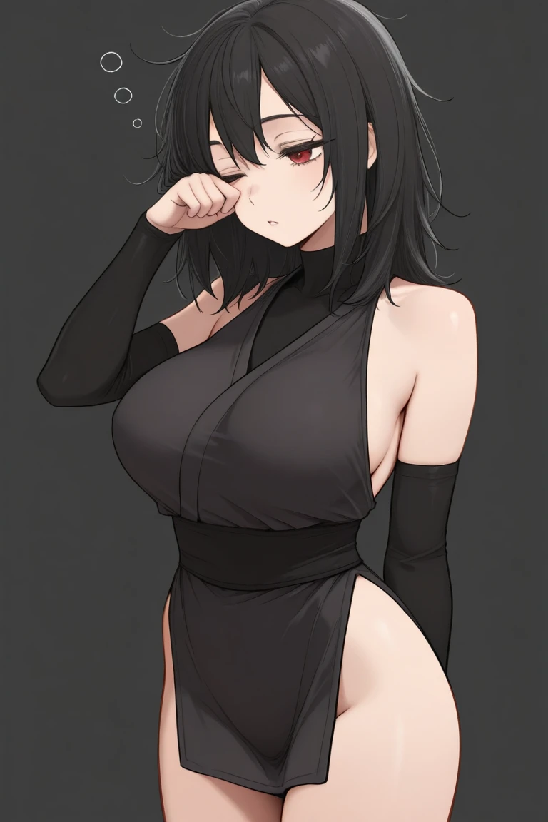 1 girl, slicked black hair, eyes black, wearing a revealing dress, large hip, Lots of chest