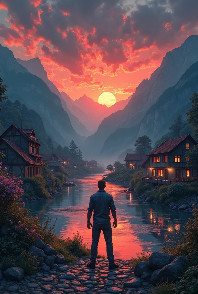 a small village by the river, mountains in the background, floral flowers colorful, detailed landscape, Beautiful natural landscapes, atmospheric lighting, scorching sunset, warm colours, practical, photopractical, Detailed Foliage, complex buildings, cobblestone street, Charming country house, swirly vibrant colors, lush vegetation, Still water reflections, Picturesque, idyllic, work of art, best qualityer, 8k, extremely detaild,anime styling lone man stands in the shadows of a storm-lit room, muscles tense, veins visible, his face locked in a fierce inner war. His eyes blaze with confusion, rage, and desperation — like a beast trapped in a cage of his own thoughts. Around him, shattered mirrors and torn photos reflect fractured identities. The atmosphere is electric, heavy with the invisible clash of testosterone-fueled emotion — aggression, pride, lust, frustration, and pain all colliding like thunder. His fists are clenched as if ready to fight something inside himself. Dim red and blue lighting paints the room like a battlefield of the mind. This is not just physical intensity — it’s the emotional war of manhood under pressure.

Style: hyper-realistic, moody lighting, symbolic, gritty and raw, cinematic shadows.

