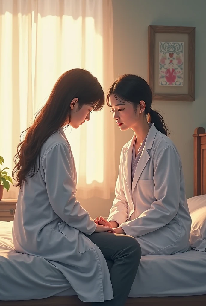 Asian, 30-year-old female doctor sitting on a bed examining a 30-year-old woman.