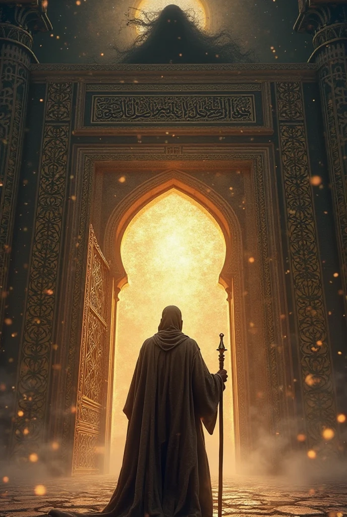 Prompt:
A man wearing a traditional Islamic robe and cloak, holding a staff, standing in front of a massive ancient gate with glowing Islamic geometric patterns and Arabic calligraphy. The scene is spiritual and symbolic, with a dark, shadowy figure above the gate representing inner evil or temptation. The background is mystical and dramatic, with a divine light shining through the gate. No women, no flags, no text, no inappropriate content. Islamic theme focused on self-struggle (Jihad al-Nafs), purity, and spiritual strength.