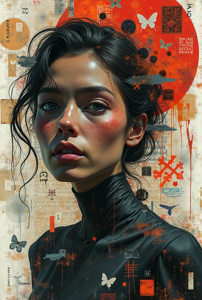 Collage Chaos, featuring a woman in overlapping abstract images, layered aesthetics of graffiti and paper stick art with the raw, media mix advertising, cutting and pasting symbolic patterns, 