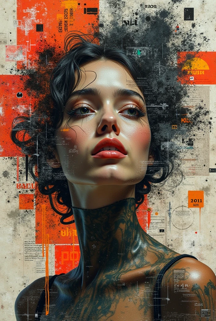 Collage Chaos, featuring a woman in overlapping abstract images, layered aesthetics of graffiti and paper stick art with the raw, media mix advertising, cutting and pasting symbolic patterns,