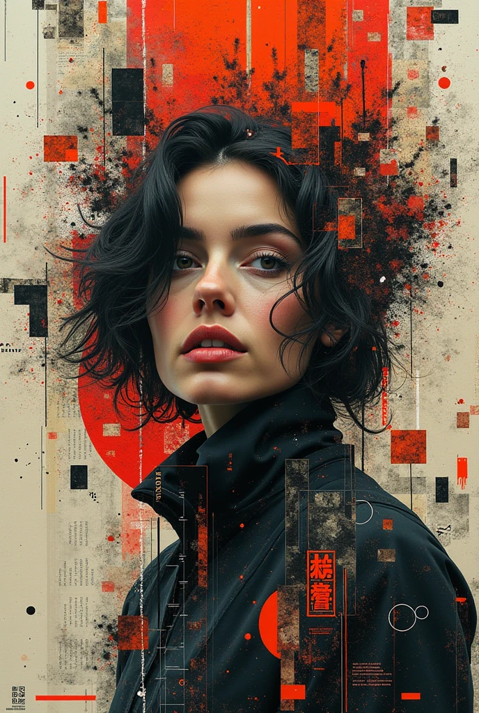 Collage Chaos, featuring a woman in overlapping abstract images, layered aesthetics of graffiti and paper stick art with the raw, media mix advertising, cutting and pasting symbolic patterns, 
