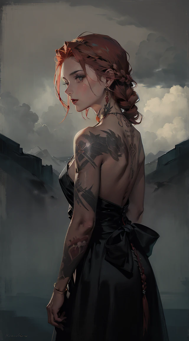 A portrait, Of red-haired young women, half-naked tattoos, with tattoos on the back and braids, wearing a vaporous dress, gray background and overhead light, Dramatic lighting.