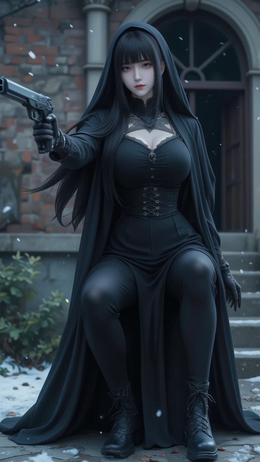 Depict LeBlanc in her Ravenborn skin from League of Legends by Riot Games, dressed in a dark, feathered outfit with a raven motif and holding a black staff, have massive k-cups, in a spooky, fog-covered graveyard with twisted trees and stone mausoleums.