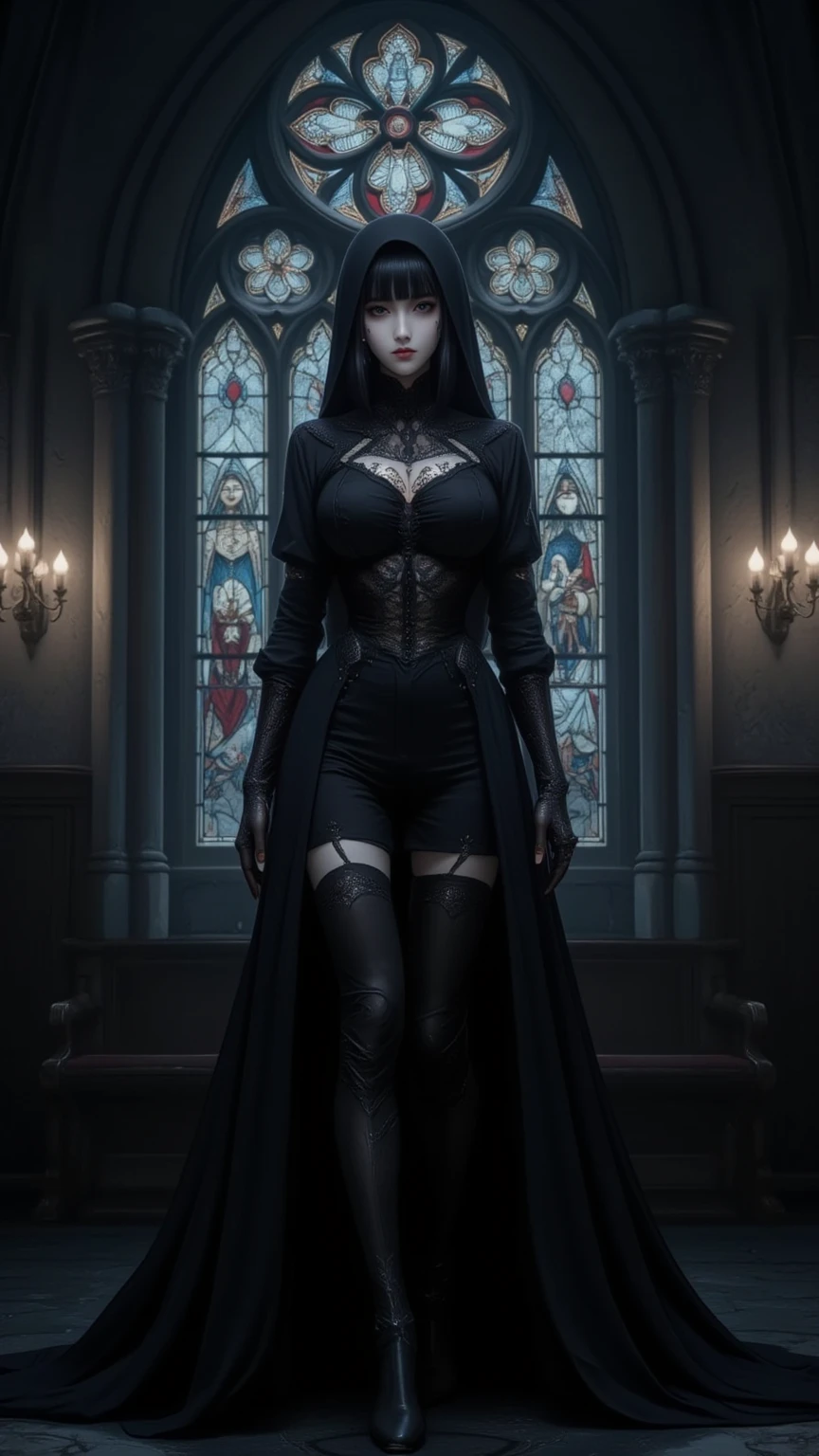 "Photorealistic Images: {A mysterious woman, her features hidden behind a pitch-black ninja mask adorned with intricate patterns of gemstones. Her long raven-black hair cascades down her shoulders, intermingled with silver chains. She's clad in dark gothic attire, replete with lace, leather, and velvet. Her corset is studded with amethyst and obsidian, reflecting the pale light of the moon}, Gothic Ninja, Gothic Architecture Backdrop, Front View, (Studio Lighting:1.2), (Sharp Focus:1.25), (8K:1.3). Environment: A dilapidated Gothic cathedral with hauntingly beautiful stained glass windows."