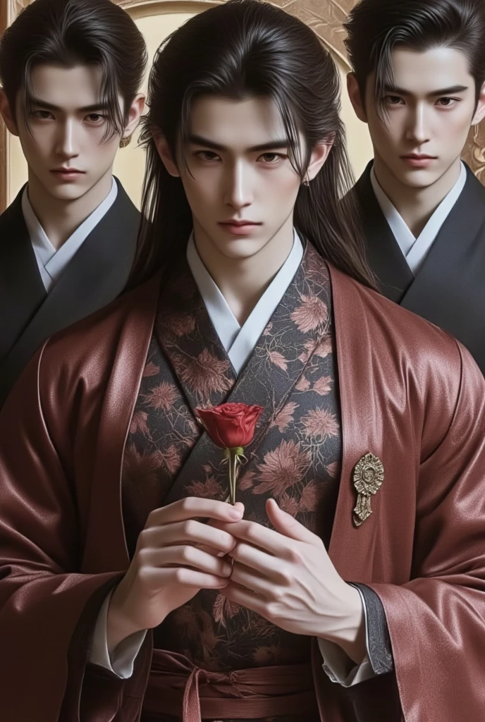 A handsome young man of 20 years old, with long hair, wearing an antique Chinese dress, black, dark eyebrows, sharp eyes, big eyes, seductive nose, famous white skin, a man with 4 men standing around, surrounded by one woman with love, longing to preserve her.