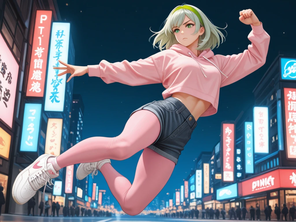 youngwoman, perfect ???????, perfect arms, perfect hands, perfect fingers, perfect feet, (best quality), ((masterpiece)), (highres), extremely detailed CG, extremely detailed 8K wallpaper, extremely detailed character, (an extremely delicate and beautiful portrait), portrait, solo, light olive green medium hair, green eyes, light green headband, pink hoodie, dark grey denim shorts, white knee high socks with pale pink pantyhose, pink and white nike sneakers, 178cm, athletic built, tall girl, super tall girl, serious, Hong Kong, stay focus, night, downtown, arms stretched to sides, dynamic pose, full body, high kick, facing camera