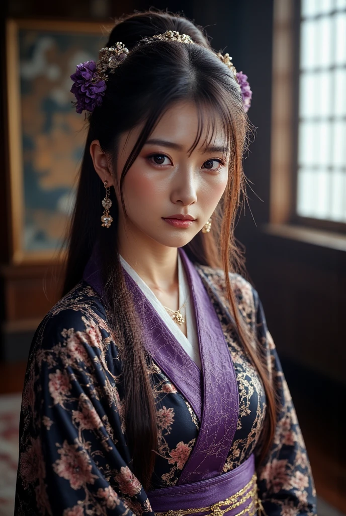 ultra-high definition,Realistic and realistic photo-level effects, with the temperament of an ancient lady,A light silk robe crossed with black purple，Step silk，Mysterious pet in the royal palace，standing，In the gorgeous bridesmaid's room，Silk screen