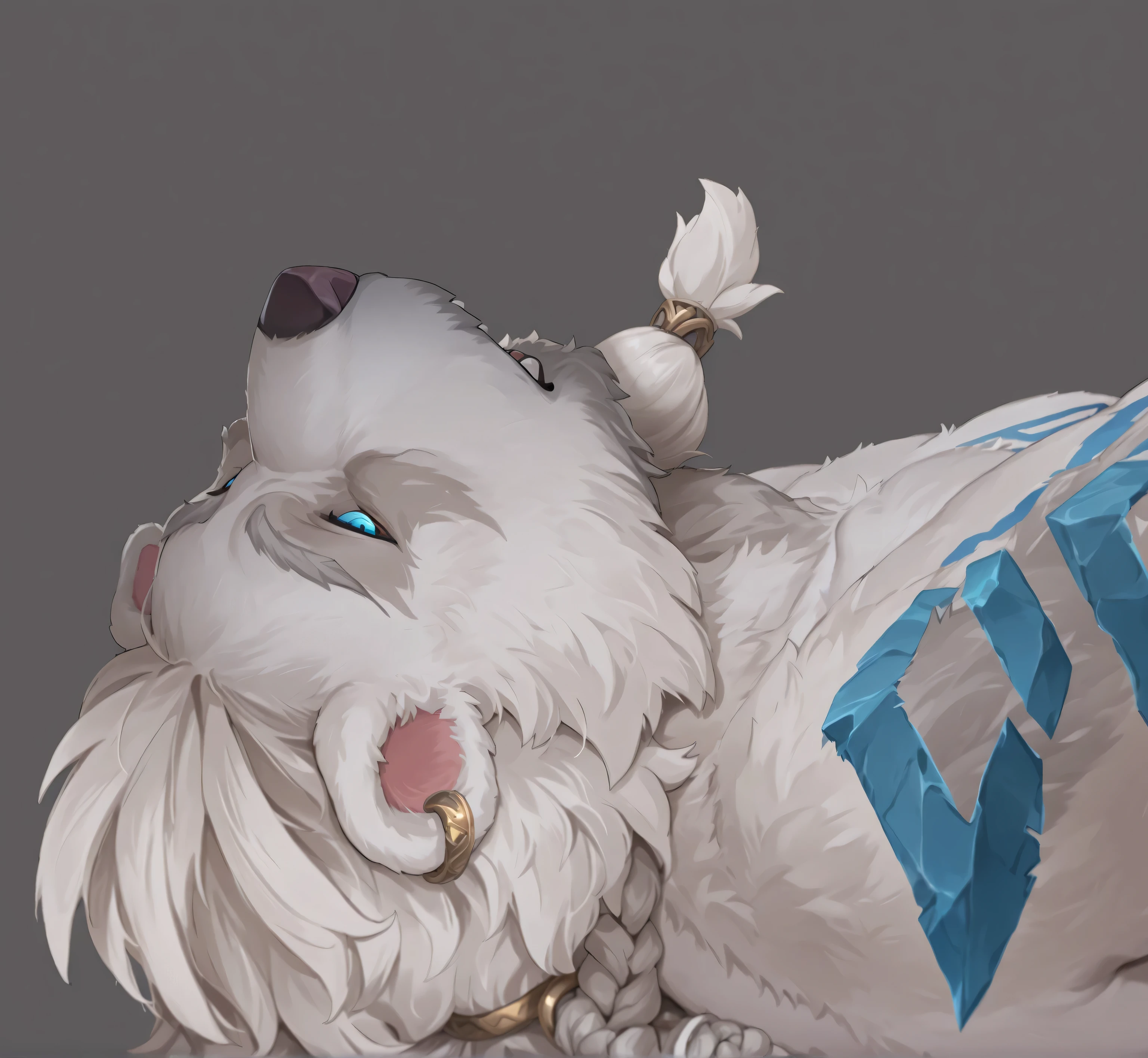 A white polar bear champion in League of Legends hand-drawn style lying on its back, (Freljord warrior in supine position:1.3), (stylized white bear with segmented fur design:1.2), featuring striking glowing turquoise eyes, (distinctive braided fur between ears:1.3), (small white braided topknot on head:1.2), (tribal warrior braid hairstyle:1.2), (small tuft of beard tied with metal ring:1.4), (metallic gold ring binding a small beard tuft:1.3), distinctive elongated white beard-like fur around muzzle, cream colored fur with layered textures, prominent blue geometric Freljord runes and patterns on shoulder and torso, (League of Legends splash art style:1.4), (Riot Games official concept art:1.3), dramatic angle looking down at the reclined bear against dark gray background, (lying flat on back with head slightly turned:1.2), detailed stylized fur with visible brush strokes, (hand-painted digital illustration:1.2), ice shaman aesthetic, clean sharp lines with painterly details, high contrast, vibrant blue magical tribal markings, Volibear-inspired design, (foreshortened perspective from above:1.1)