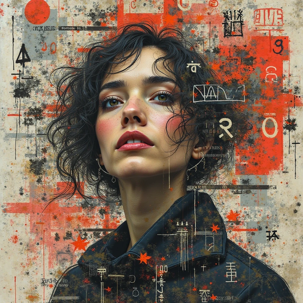 Collage Chaos, featuring a woman in overlapping abstract images, layered aesthetics of graffiti and paper stick art with the raw, media mix advertising, cutting and pasting symbolic patterns, 