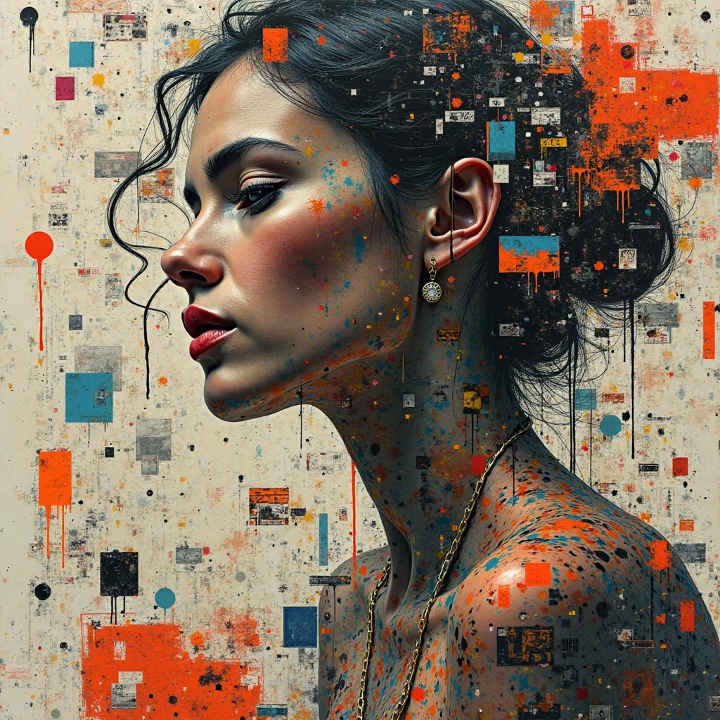 Collage Chaos, featuring a woman in overlapping abstract images, layered aesthetics of graffiti and paper stick art with the raw, media mix advertising, cutting and pasting symbolic patterns,