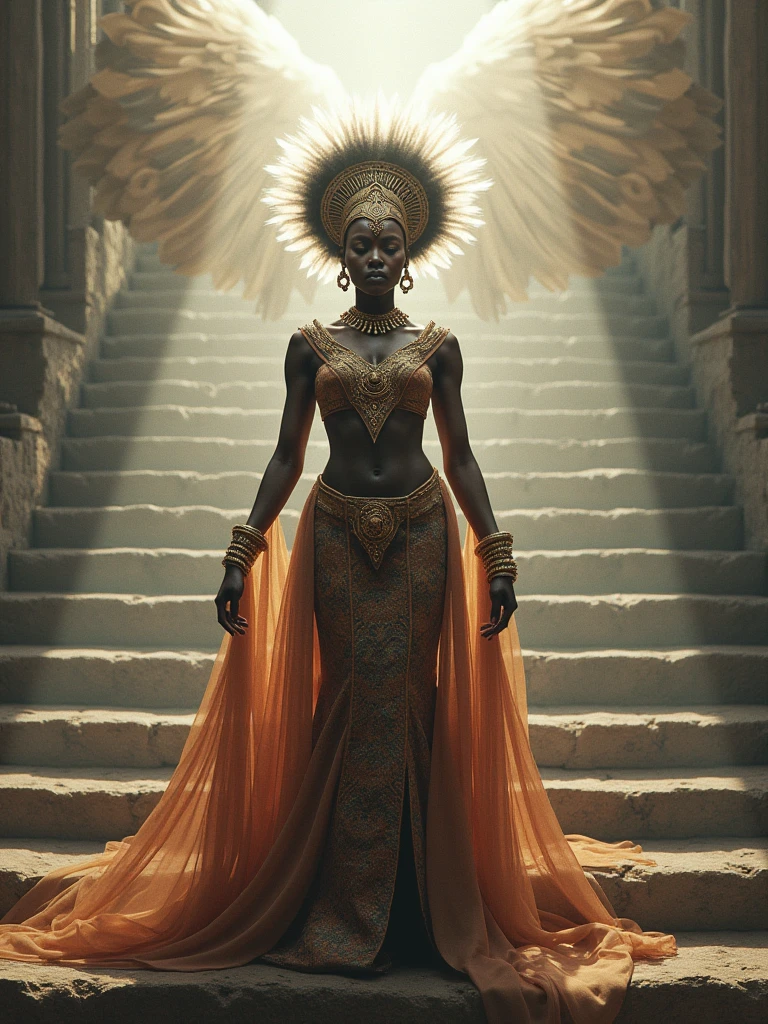 a Black woman in African ceremonial clothing and an elegant headdress, standing on a an infinite staircase, Her shadow appears as an angel across the staircase
