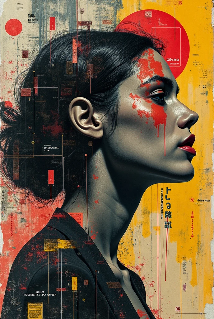 Collage Chaos, featuring a woman in overlapping abstract images, layered aesthetics of graffiti and paper stick art with the raw, media mix advertising, cutting and pasting symbolic patterns, 