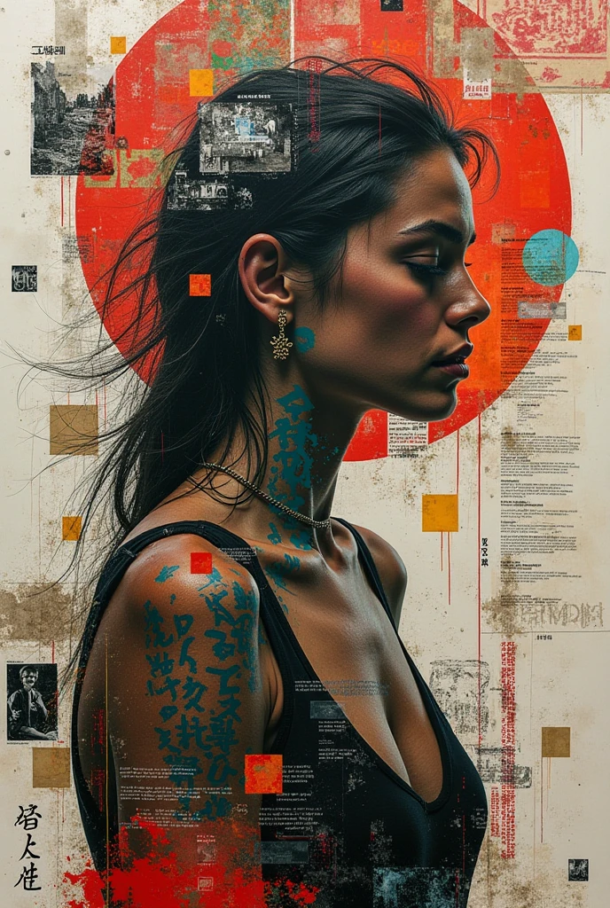 Collage Chaos, featuring a woman in overlapping abstract images, layered aesthetics of graffiti and paper stick art with the raw, media mix advertising, cutting and pasting symbolic patterns, 