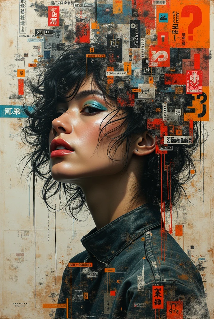 Collage Chaos, featuring a woman in overlapping abstract images, layered aesthetics of graffiti and paper stick art with the raw, media mix advertising, cutting and pasting symbolic patterns, 