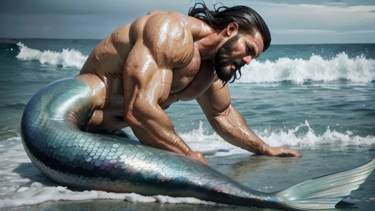Two muscle male mermaid, gay couple, wrestling, merman, muscles, two male bodybuilders, back, hold back, hold ass, hold tail, blue mermaid tails, black long beard, black long hair, jumping from sea, ocean, big water wave, water, wallpaper