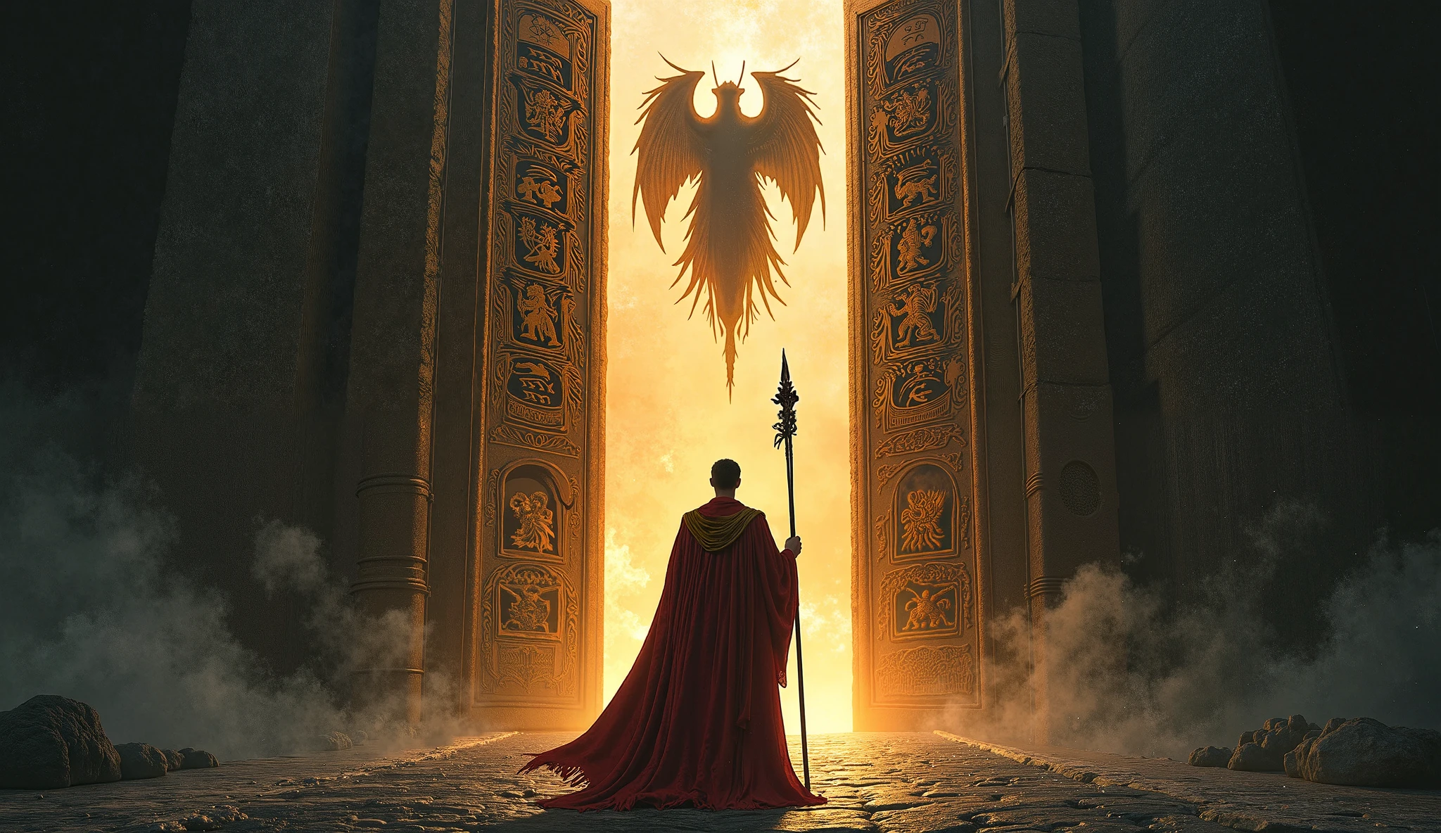 Prompt:
A man wearing a majestic, royal-style cloak, holding a staff, standing in front of a large, ancient, glowing gate engraved with mysterious symbols. The environment is dark and intense with a fantasy atmosphere, symbolizing an internal spiritual struggle. Above the gate, a shadowy, demonic figure hovers ominously. No women, no flags, no text, no inappropriate content. Focus on the themes of self-struggle, temptation, and spiritual strength.