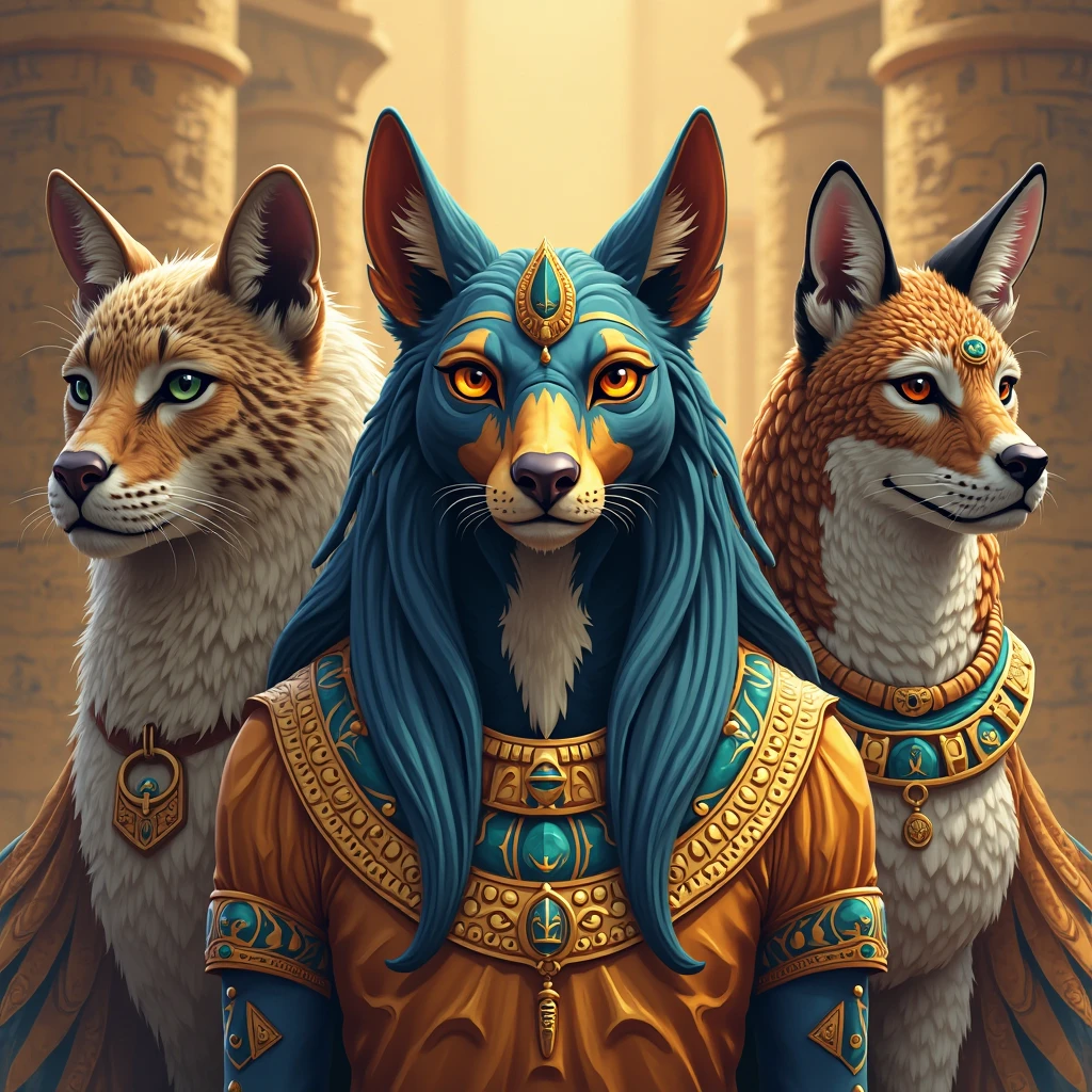 Create a set of one each high-resolution, realistic 1:1 square portraits, each featuring a different animal with an ancient Egyptian concept. The animals should include:
A regal cat
A majestic falcon
A noble jackal
A powerful cobra
Each animal should be portrayed in a stylized, dignified manner, wearing traditional Egyptian adornments like gold collars, jeweled headdresses, or Eye of Horus markings. The portraits should be centered with the animal’s head and upper body visible, facing forward or in a classic three-quarter pose. Subtle background elements such as pyramids, sandstone temples, or hieroglyphics should complement the subject without overpowering it.
Use a rich, elegant color palette of gold, deep blue, turquoise, and sandstone. The overall style should be realistic yet artistic—blending digital illustration with authentic ancient Egyptian aesthetics. Each portrait should stand on its own but feel like part of a cohesive set. Suitable for profile images or collectible artwork. Not to realistic but not to cartoon. Look straight into the picture