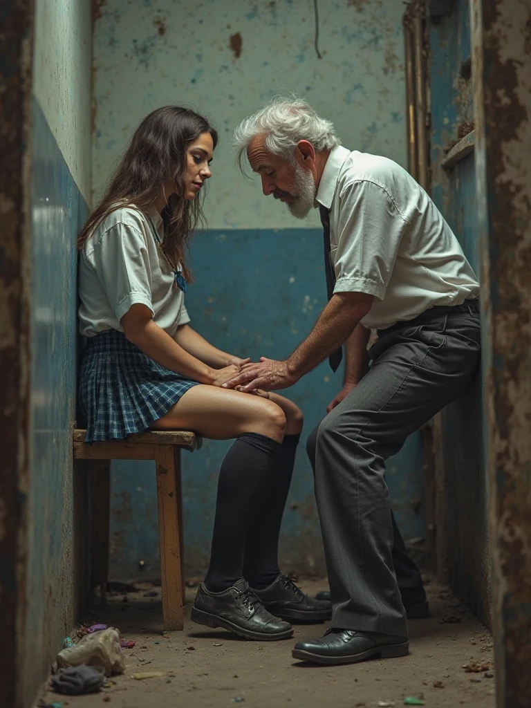 A young woman performs oral sex and a handjob on a homeless man in an alley behind a dumpster, the man wears dirty clothes, The man is standing in front of the young woman, The man pulls the young woman's hair, The young woman on her knees in front of the man, The girl is wearing a school uniform, The young woman is wearing a miniskirt and high heels, The young woman has big legs and a big butt,