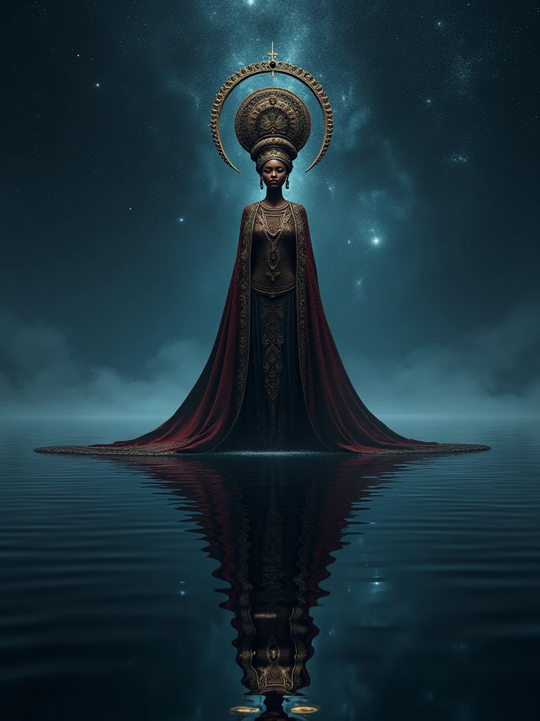 a Black woman in African ceremonial clothing and an elegant headdress, standing on a perfectly still, dark liquid surface that reflects stars like a cosmic mirror. Her shadow appears as an angel across the surface.