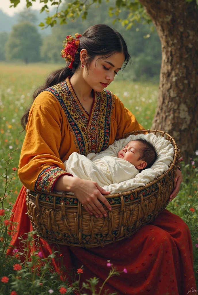 Create an image in Kazakh style where a  lies  in cradle and next to her is my mother in national Kazakh clothes.add a nice green color and