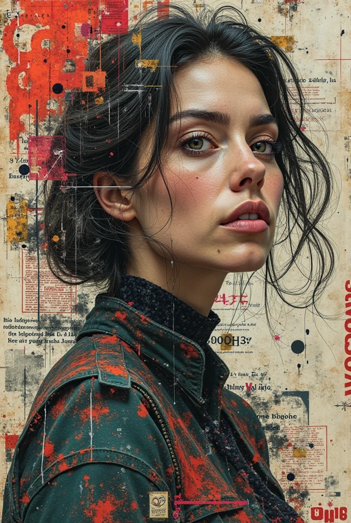 Collage Chaos, featuring a woman in overlapping abstract images, layered aesthetics of graffiti and paper stick art with the raw, media mix advertising, cutting and pasting symbolic patterns, 