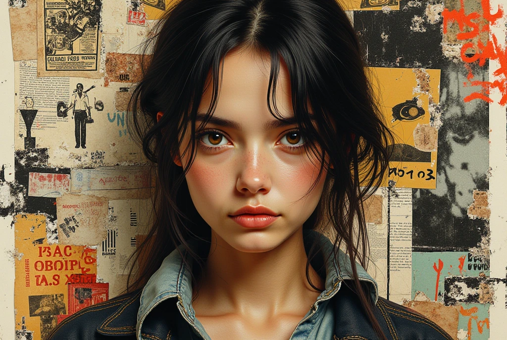 artistic, collage art, different poster collage together, torn posters stick together, girl picture, detailed portrait of a young woman, intricate collage composition, various torn posters and paper elements, edgy and grungy aesthetic, dramatic lighting, moody color palette, graffiti-inspired textures, high resolution, 8K, ultra detailed, photorealistic, dramatic chiaroscuro, gritty and textured, masterpiece, vivid colors, physically-based rendering