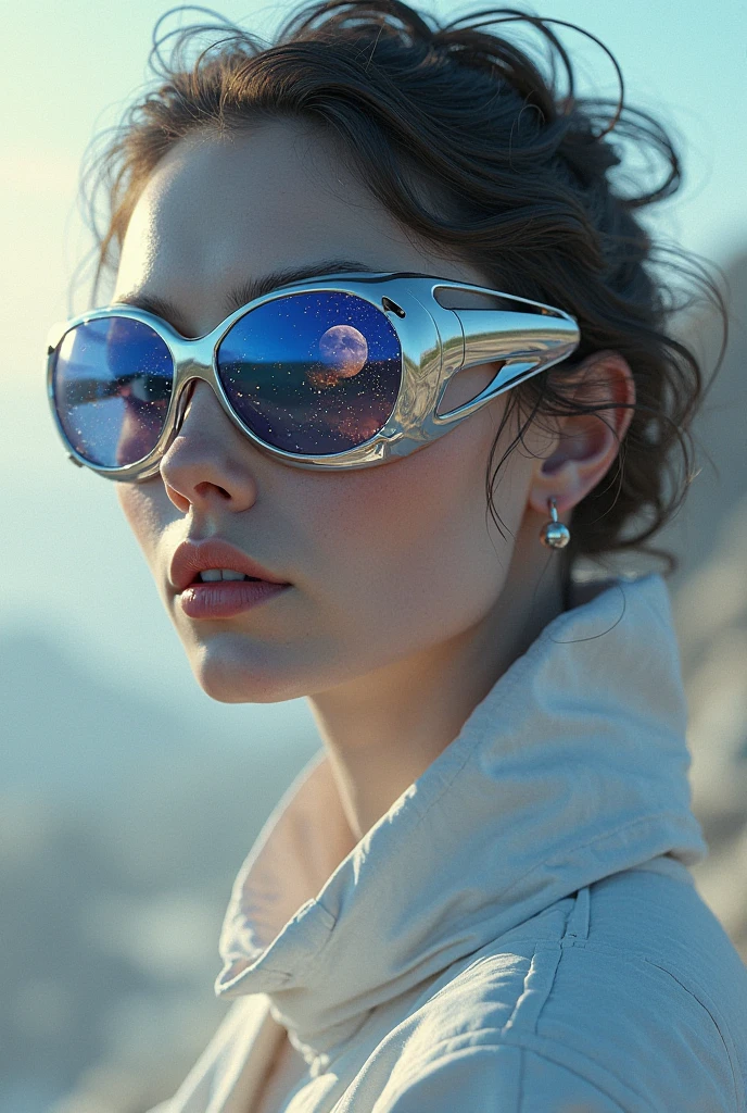 The model is wearing glass sunglasses with stars and the moon on the glass