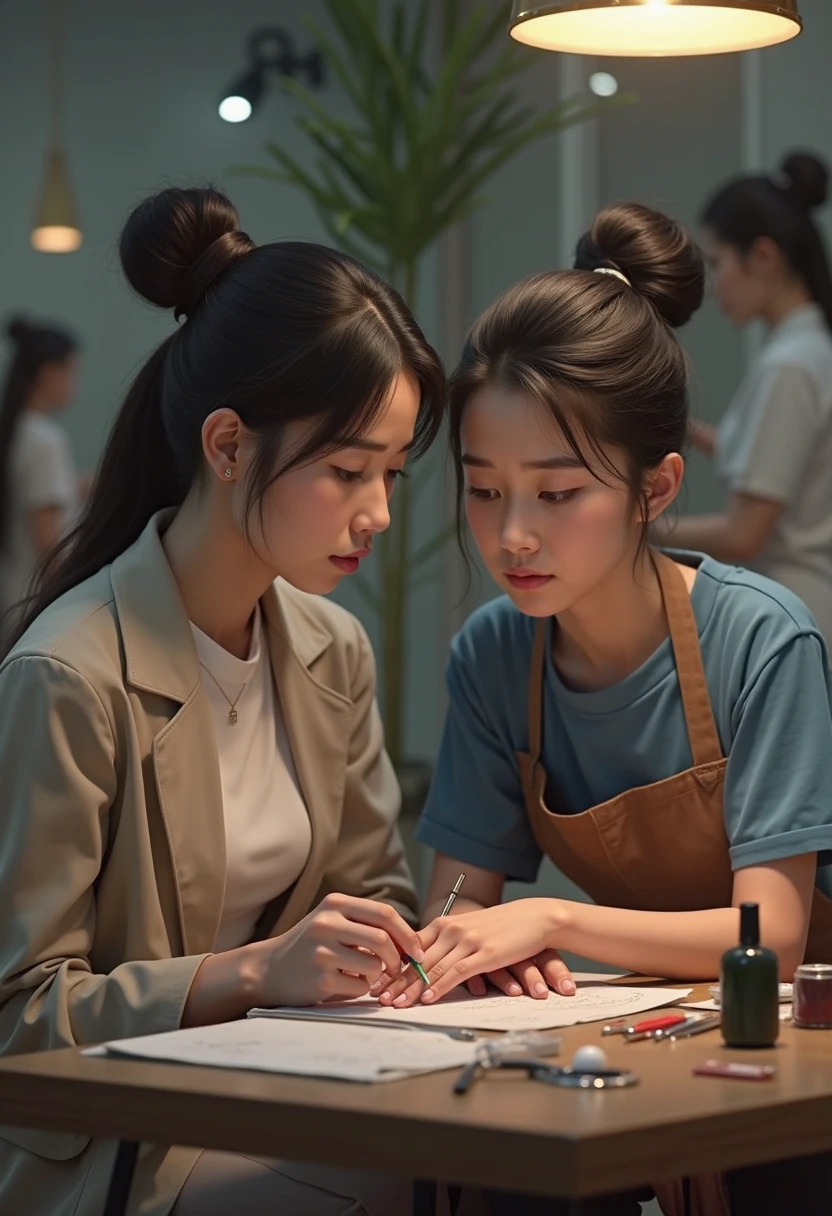 "A Vietnamese nail salon owner, around 30 years old, is sitting at a nail table. She is wearing a beige blazer over a modest and elegant white T-shirt, with her long hair neatly tied back in a ponytail. On the table are various nail tools such as polish bottles and a nail dryer. She is having a conversation with a young woman wearing a blue T-shirt with a brown apron over it, her hair neatly tied up in a bun. Both women appear sorrowful. The image is realistic, showing clearly defined hands and limbs. The scene expands to reveal the back area of the nail salon with other nail technicians working. Soft ambient lighting enhances the luxurious atmosphere of the salon."