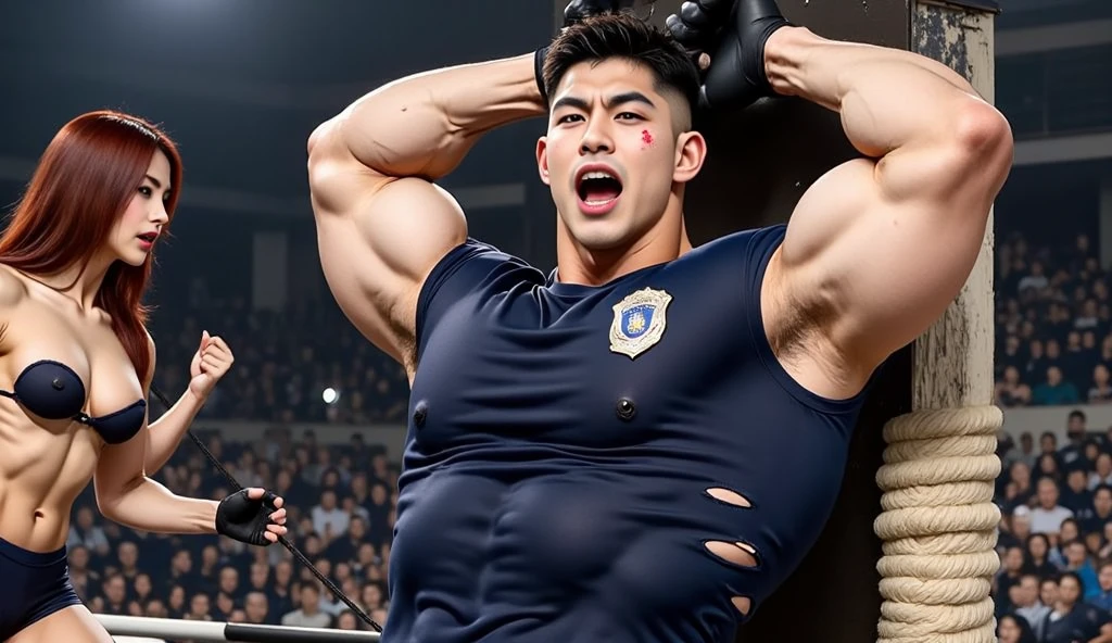 (absurderes, A high resolution, Ultra detailed, hdr,masterpiece, best quality, high quality, intricate details, perfect lightings), Two male models with different ages, males sex focus,
looking at viewer, a young 17yo Japanese boy and middle aged 40yo Shogun, Bulging lower abdomen by his hands, backward to viewers, sexy measuring the surface area, (Two men sitting across from each other, holding each other's genitals with their hands and helping each other masturbate.:1.5), A large amount of cum erupts,
a handsome muscular males,flexing, mischievous, naughty, detailed eyes, detailed handsome face, smooth buzz-cut hair, realistic wet skin, perfect hands, wear a white loincloth-string and wet see-through yukata of Japanese clothes , Performing a masturbation show in front of a brothel crowd, surrounded by a crowd,