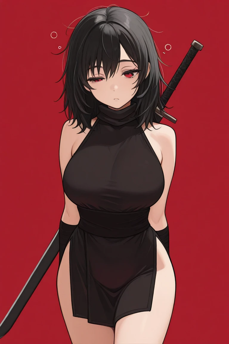 a drawing of a woman in a black outfit holding a sword, inspired by Kusumi Morikage, inspired by Kanō Hōgai, inspired by Kano Sanraku, inspired by Kawabata Ryūshi, Female Samurai, Japanese anime style, anime style character