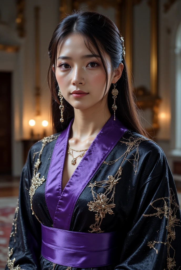 ultra-high definition,Realistic and realistic photo-level effects, with the temperament of an ancient lady,A light robe of black and purple crossed with purple， graceful，Mysterious pet in the royal palace，standing，In the gorgeous bridesmaid's room，Silky tulle floats，1:2