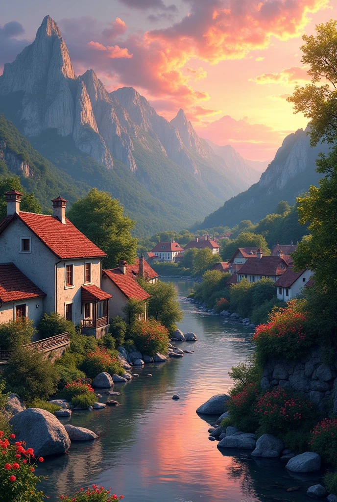 a small village by the river, mountains in the background, floral flowers colorful, detailed landscape, Beautiful natural landscapes, atmospheric lighting, scorching sunset, warm colours, practical, photopractical, Detailed Foliage, complex buildings, cobblestone street, Charming country house, swirly vibrant colors, lush vegetation, Still water reflections, Picturesque, idyllic, work of art, best qualityer, 8k, extremely detaild,anime styling