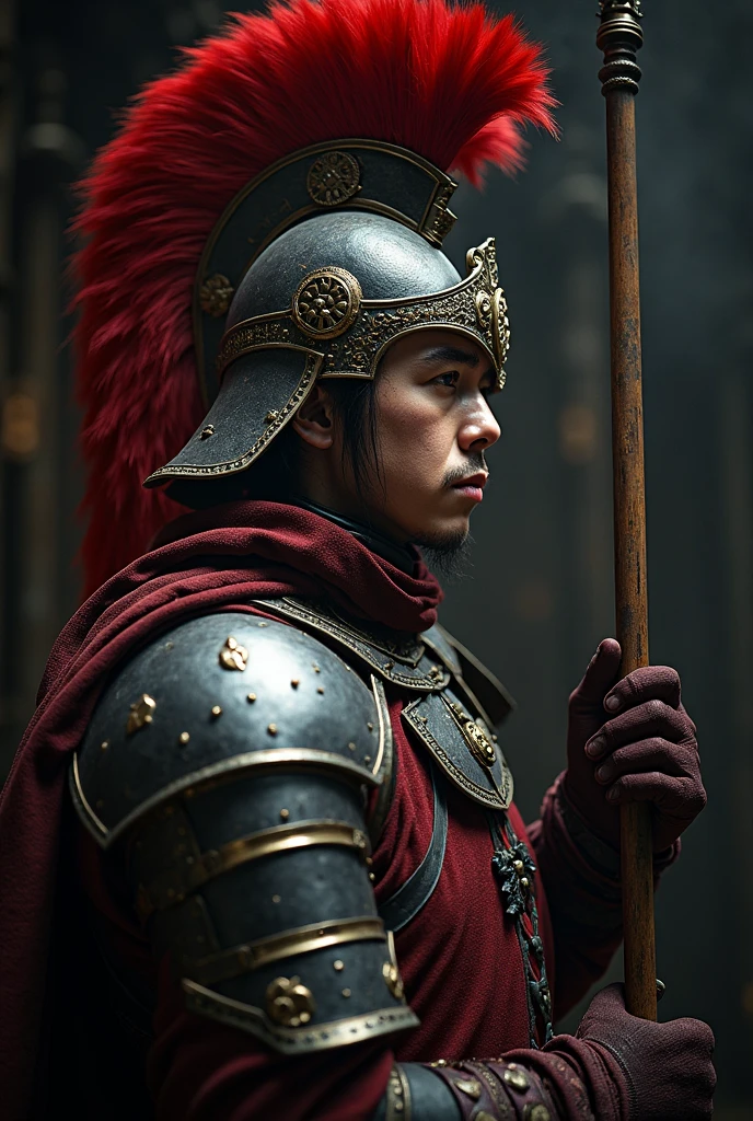 red-plumed helmet, intricate red and black armor, serious expression, focused gaze from side, warrior stance, holding a spear, dark and moody lighting, dramatic shadows, low-key atmosphere, historical warrior theme, close-up shot focusing on armor details, shallow depth of field, soft-focus background