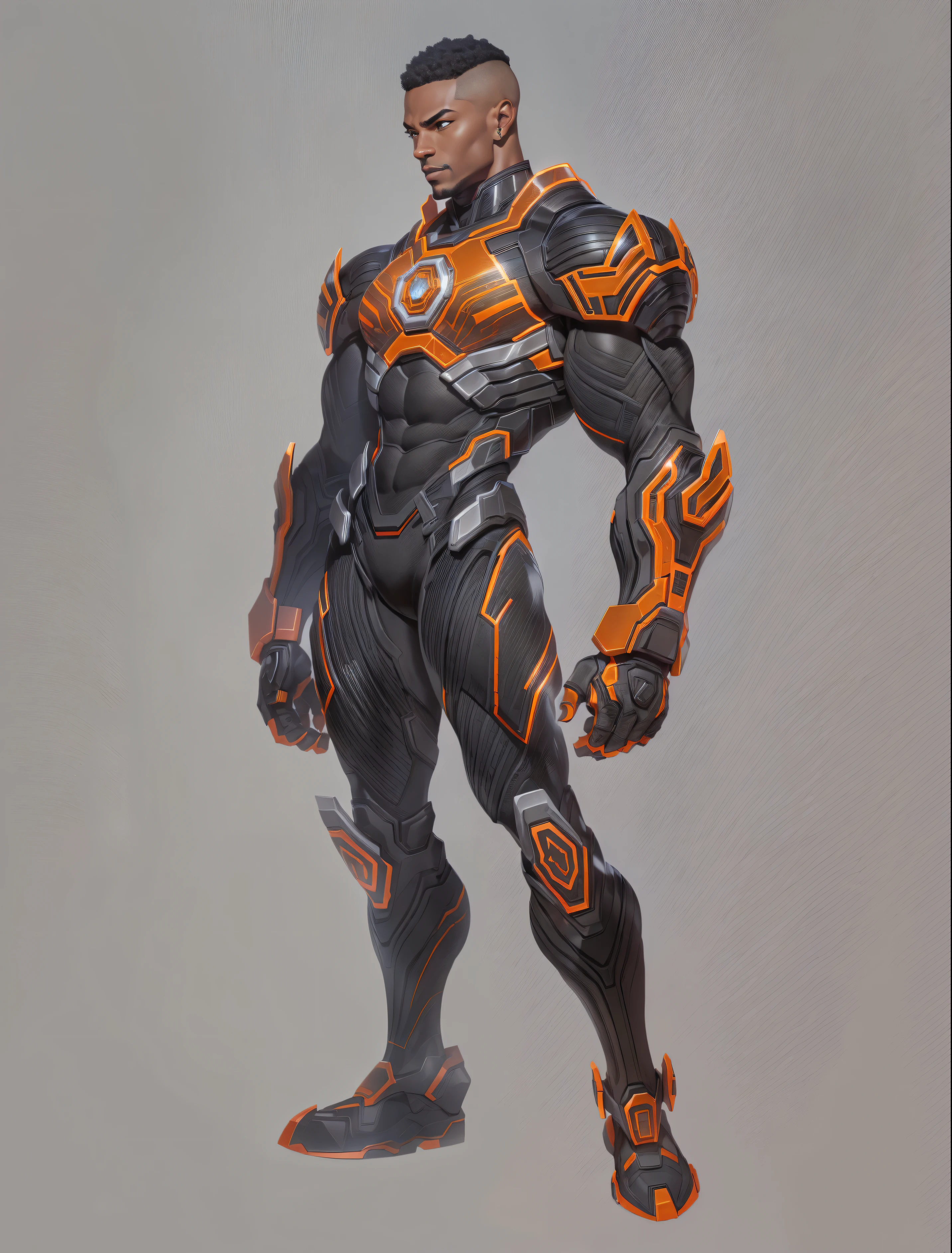 A muscular black man, 30 years old, with short grey hair, wearing a futuristic black and orange armor, in a black background