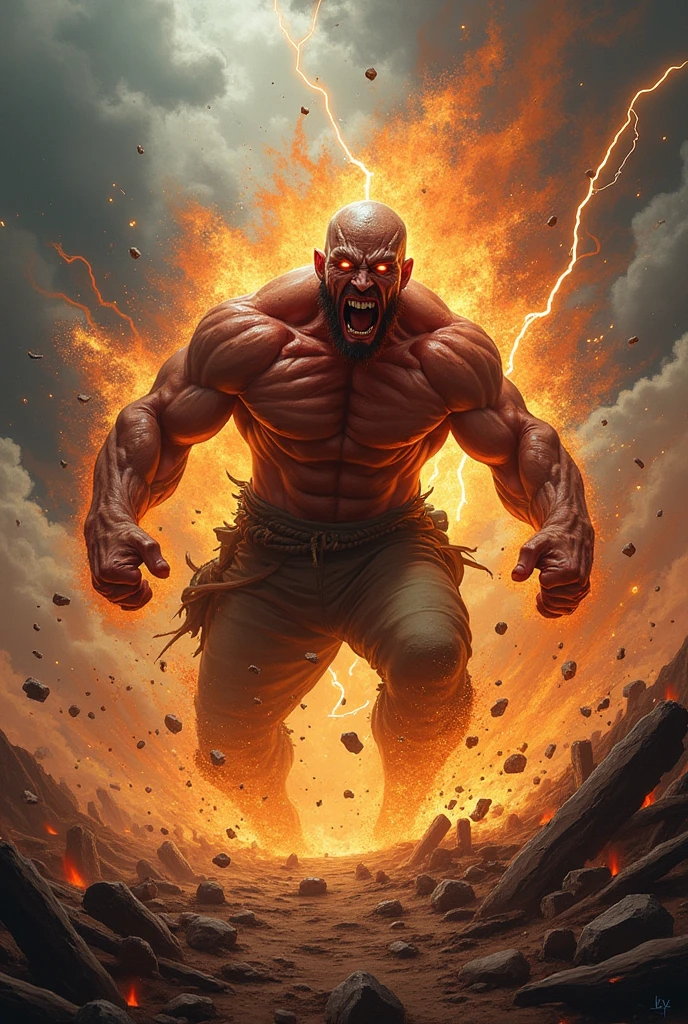 Old Giant Man Muscular Wide, Rage, Berserk, Wearing Torn Clothes, Battle Damage, Bleeding, Angry, Screaming, Fury, On the Battlefield, Realistic, Full HD, Best Quality