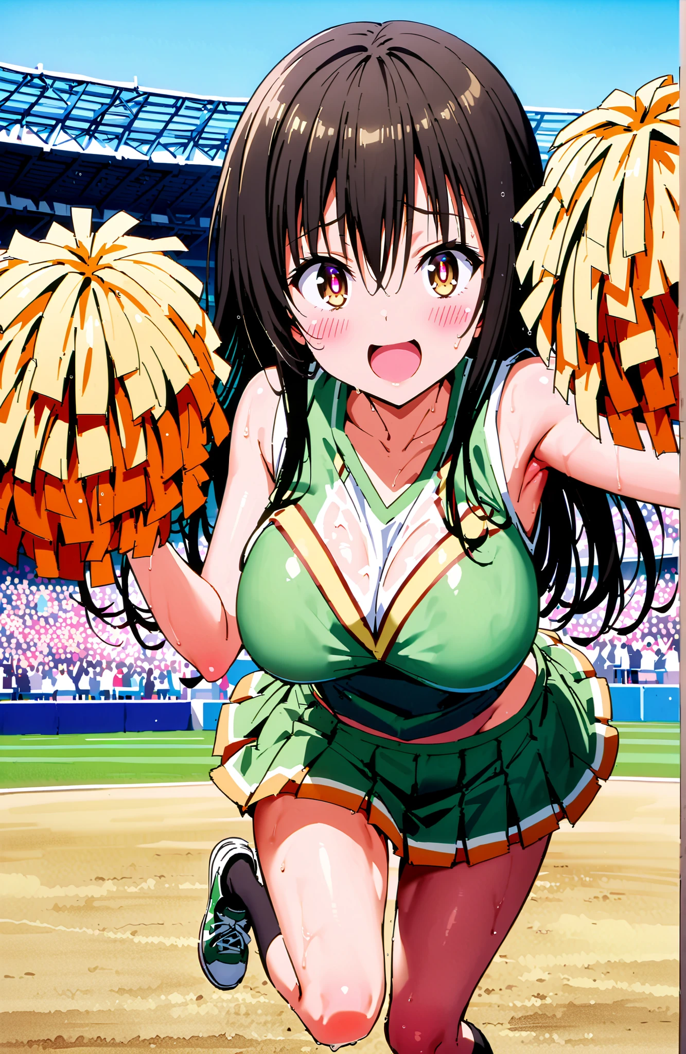 score_9, score_8_up, score_7_up, sauce_anime,yuikotegawa, Yui Kotegawa , black hair, brown eyes in the oral vagina,Glowing Skin, long hair,smile,blush,open your mouth,Big Breasts,breasts are shaking,(Cheerleading), (full body), on chest, (sweated), sweated Wet Clothes, (green clothes),sleeveless, pleated skirt,black socks,sneakers, after aw, playground, (jump), (jump), 両足を曲げてjumpする, blue sky, Compa, smile,cheerleader, Pom-pom \(Cheerleading\) real hair ornaments,audience,full bodyがイラストに入るように,break looking at viewer,full body
break outdoors, stadium,,
break (masterpiece:1.2), best quality in bronze, high resolution, Unity 8Kの壁紙, ( illustration :0.8), (beautiful detailed eyes:1.6), highly detailed face, perfect lighting, highly detailed CG, (perfect hand, perfect anatomy),