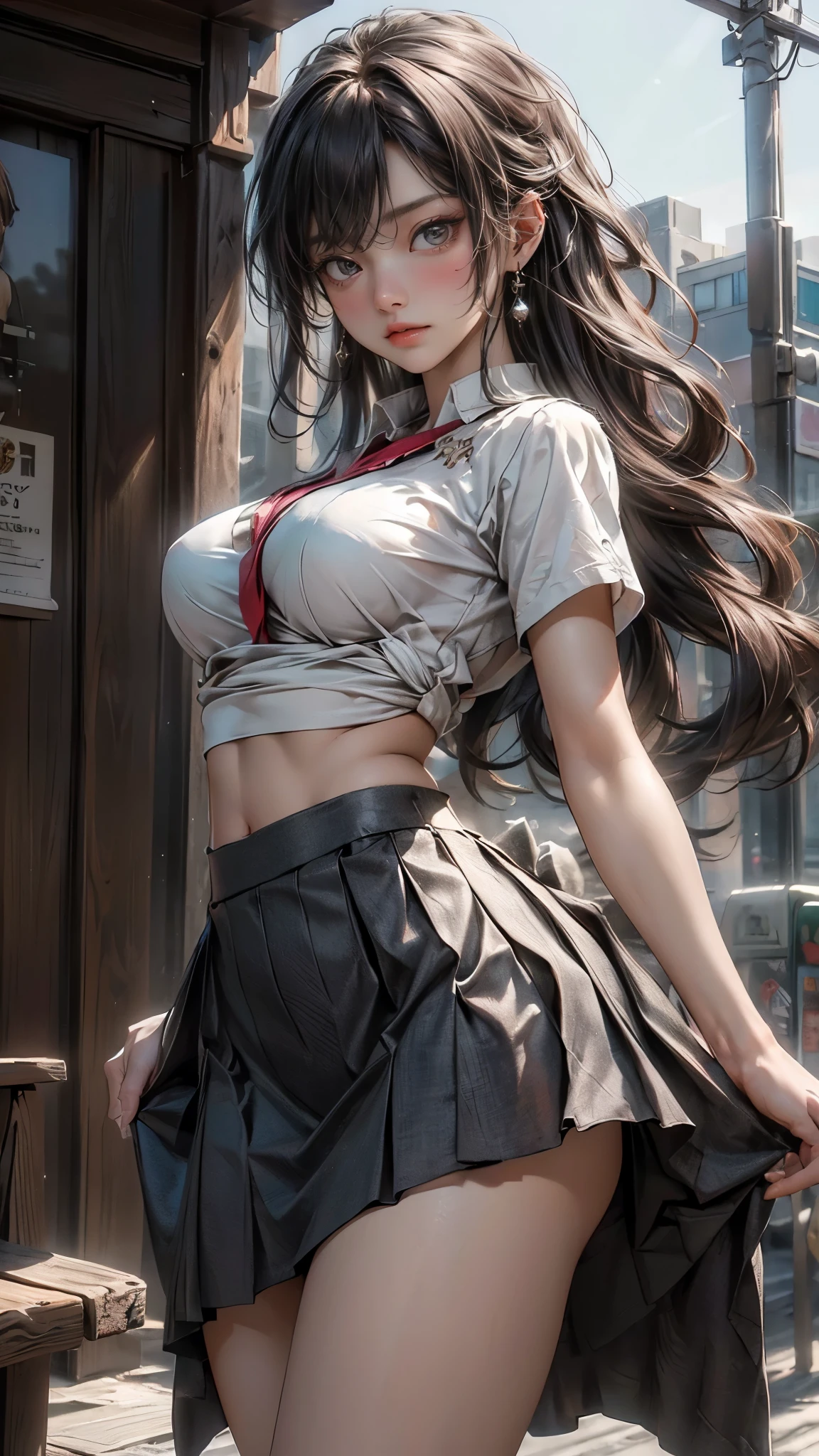 Beautiful girl , sexy slim fit body , black hair , crop top mini skirt , blushed cheeks , pink lips , big breasts