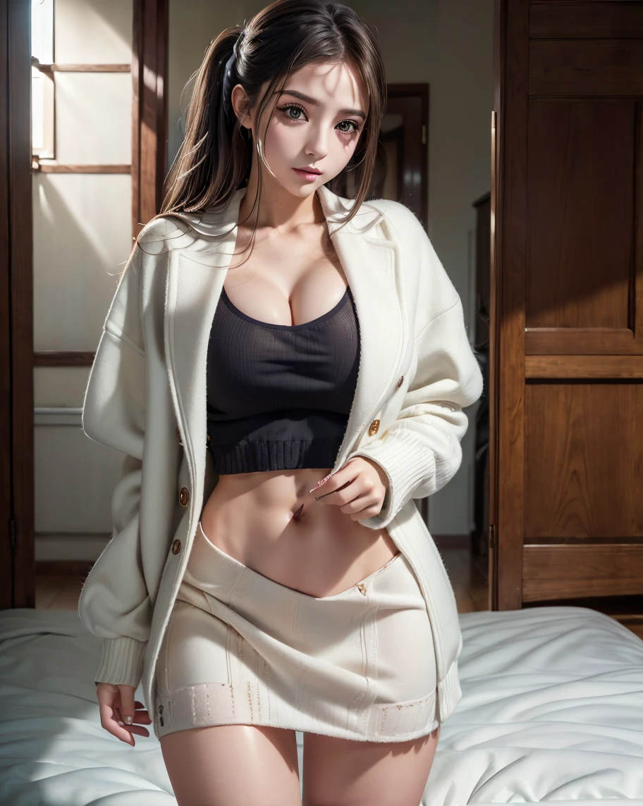 (hyperrealistic), (illustration), (high resolution), (8K), (extremely detailed), (best illustration), (beautiful detailed eyes), (best quality), (super detailed), (beautiful detailed mouth), (masterpiece), (wallpaper), (detailed face), solo, (dynamic pose), heterochromic eyes, small moles under the eyes, ((short apron)), medium breasts, long legs, squeezes the abdomen, (camel fingers), (no panties), (no bra), (no pants), (strong thighs), (large thighs), , Mini skirt, no bra, --auto --s2