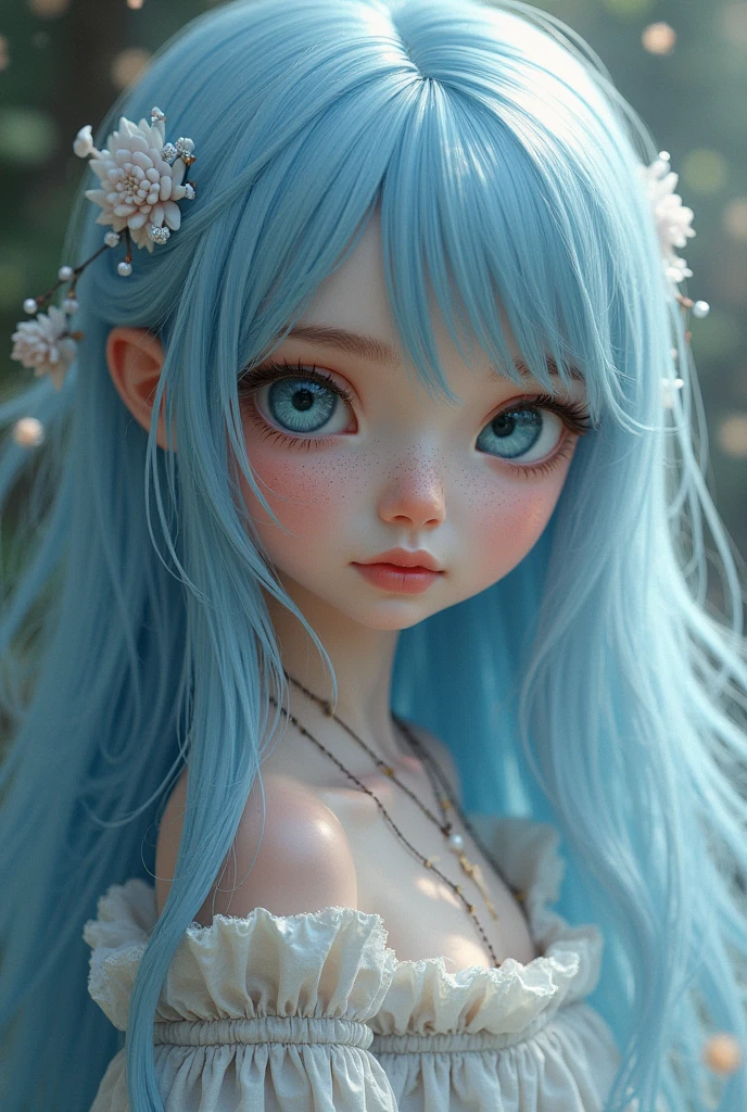 Close-up of doll with blue hair and flowers in hair, kawaii realistic portrait, pastel blue eyes, luts, Stunning anime face portrait, azure eyes, cute natural anime face, artwork in the style of guweiz, Aesthetic portrait, beautiful aesthetic face, Beautiful Anime Face, anime-inspired, a portrait of a blue eye girl, pale blue eyes