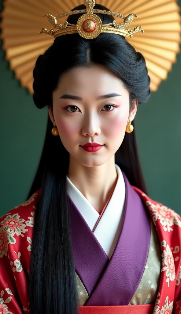 A high-resolution 4K cinematic portrait of Empress Jitō, facing forward with a serene and noble expression. She wears a golden ornamental crown on her forehead and long flowing black hair. Her ceremonial junihitoe kimono is layered in rich purples and reds with intricate floral patterns. The background features a traditional Japanese golden foil texture blended with deep green hues. Gentle light from above casts soft highlights across her face and robes. Created Using: Japanese royal portrait style, 4K ultra detail, cinematic lighting, historical color palette, natural look
