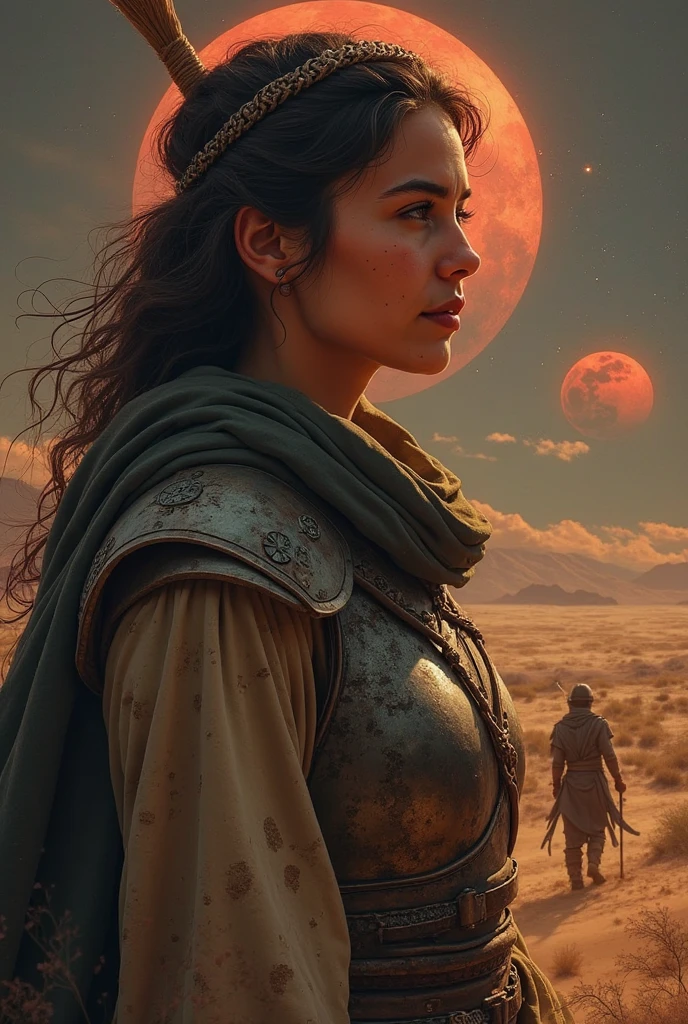 Create a character portrait of a woman with a kind expression, surrounded by herbs and natural remedies. You can use digital art software or commission an artist to illustrate this scene . Find or create an image of a rugged man in worn armor, gazing out over a desert landscape. This could be a photograph or a digital painting that conveys his backstory.  Look for astrophotography images of a blood moon. You can also create a digital artwork that emphasizes the moon's red hue against a dark sky. Illustrate the moment of birth with a scene showing Layla in a traditional setting, with the storm visible through a window or door. This could be a painting or a digital illustration.