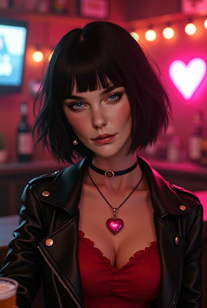 Do it at a room,with a pink heart necklace ,short black hair with fringe,  background with a black leather jacket, clothes with a beer, blusa roja hasta el cuello ,smiling ,beautiful, cabello quebrado y con volumen, playera rosa, en la barra, tomandose una selfie,, realista, hiperrealista, no nfsw 