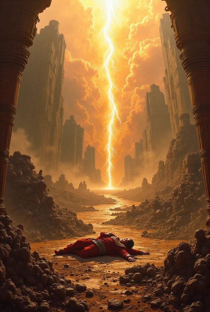 "A powerful and symbolic scene showing the devil defeated. The devil is in a subjugated position, defeated and fallen, with an expression of frustration and defeat. The surrounding scenery is dramatic and intense, with a combination of dark colors and extinguished flames to emphasize the end of its power. There may be symbols of your defeat, like chains, ruins or signs that its influence has been broken. No fundo, there may be a radiant light or glow that symbolizes the victory of good over evil. The image should convey a sense of triumph and resolution., highlighting the definitive defeat of the devil."