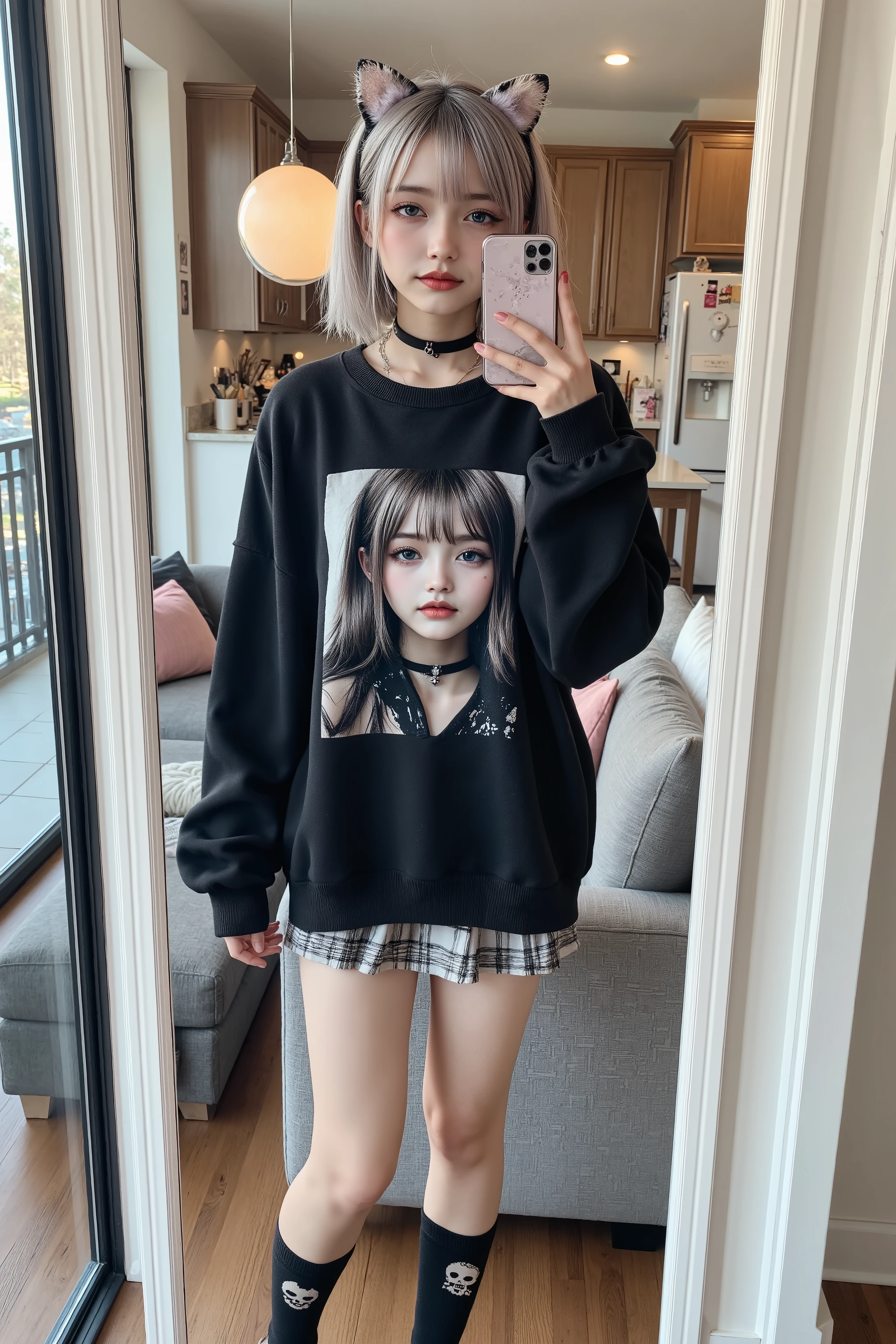 a girl with short silver hair wearing a cat ears headband, taking a full body mirror selfie in a modern living room. She wears an oversized black sweater with a white graphic print of a doll, a plaid skirt peeking underneath, black knee-high socks with skull designs, and a choker necklace. The scene captures a casual street style look in a cozy setting, with a gray couch and pillows behind her, and a modern kitchen in the background. She poses naturally in front of a full-length mirror, front view. The image features realistic lighting with ray tracing, high texture detail, UHD resolution, anatomically correct proportions, and finely rendered skin textures. Cinematic composition, subtle shadows, realistic interior lighting, ultra high detail, 16K, photorealistic masterpiece.
