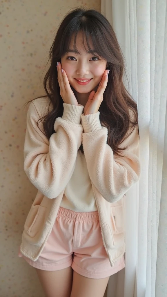 ((Masterpiece, Top image quality, high resolution、alone、skin shiny))(on the table, best quality, actual, super detailed, meticulous, high resolution, 8k wallpaper), Close-up portrait of a beautiful woman, like, smiling, light brown messy hair, Perfect dynamic composition, 美丽meticulous的眼睛, Just like the cover of a fashion magazine, on campus,Gorgeous costumes,hot stamping clothing,One of them is wearing a pink tulle dress,One with long black hair、8-year-old girl wearing pink bow hairpin sitting on the ground holding balloons,White bud no more than knee,girl's bedroom,pink girl'Room decoration。